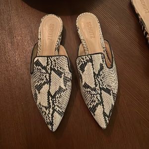 Schutz tan and gray snakeskin mules